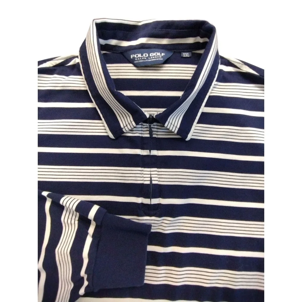 Mens Polo Golf Ralph Lauren Long Sleeve Polo Zip Collar Navy White Stripe 2XL